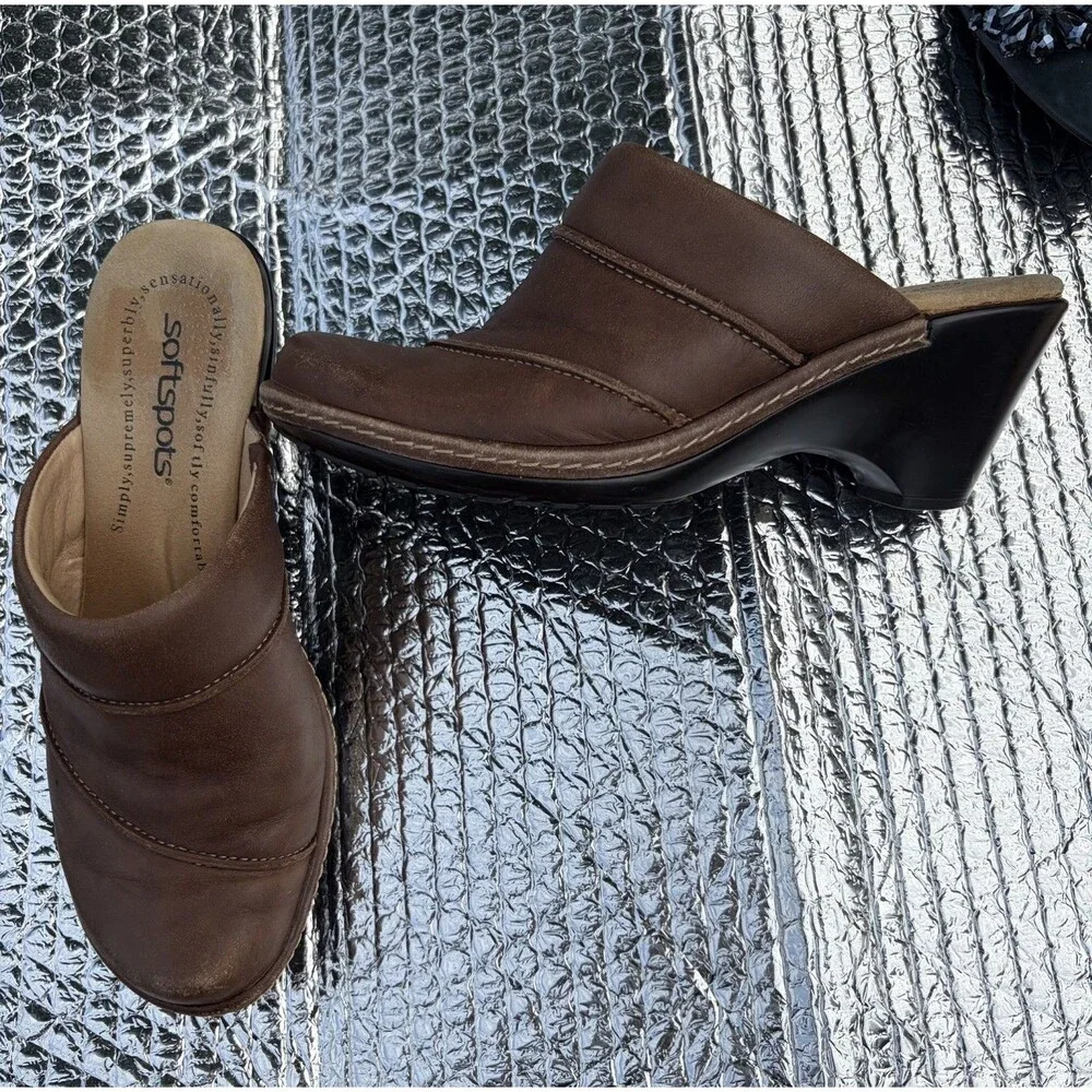 Softspots Women’s Brown Leather Slip-On Mule Wedge Heel Round Toe, Stitching